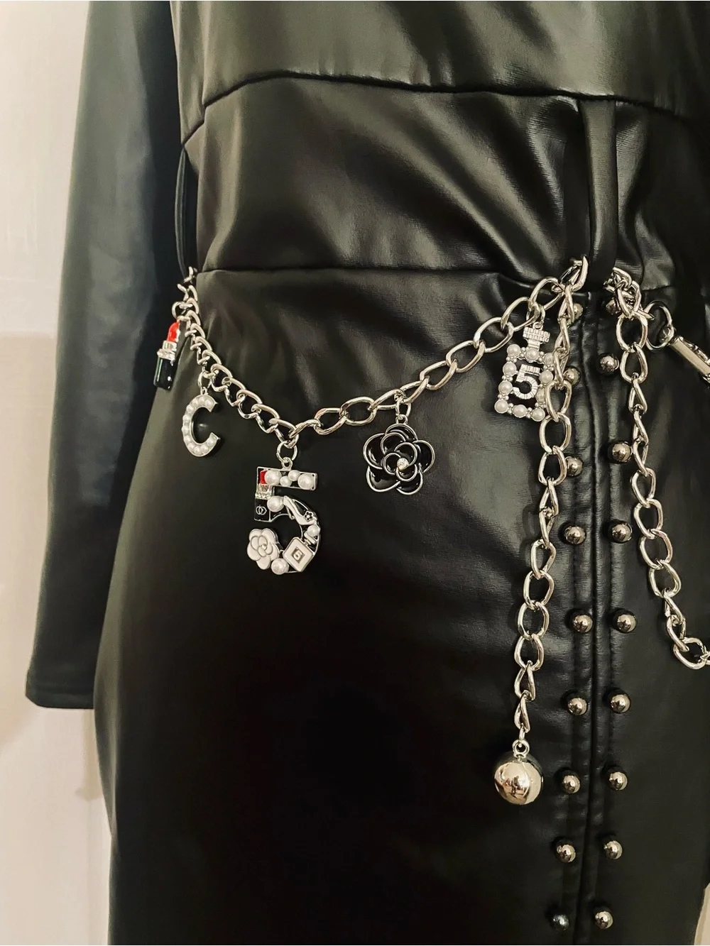 Black Crystal Charm Chain Belt for Women